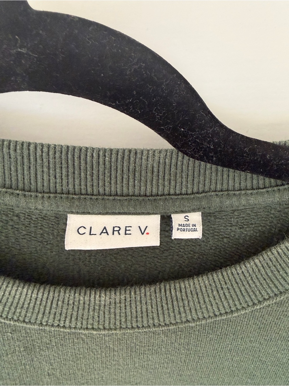 Clare V. Oversized Varsity Sweatshirt in Olive Green with White Sleeve Stripes - Picture 3 of 4